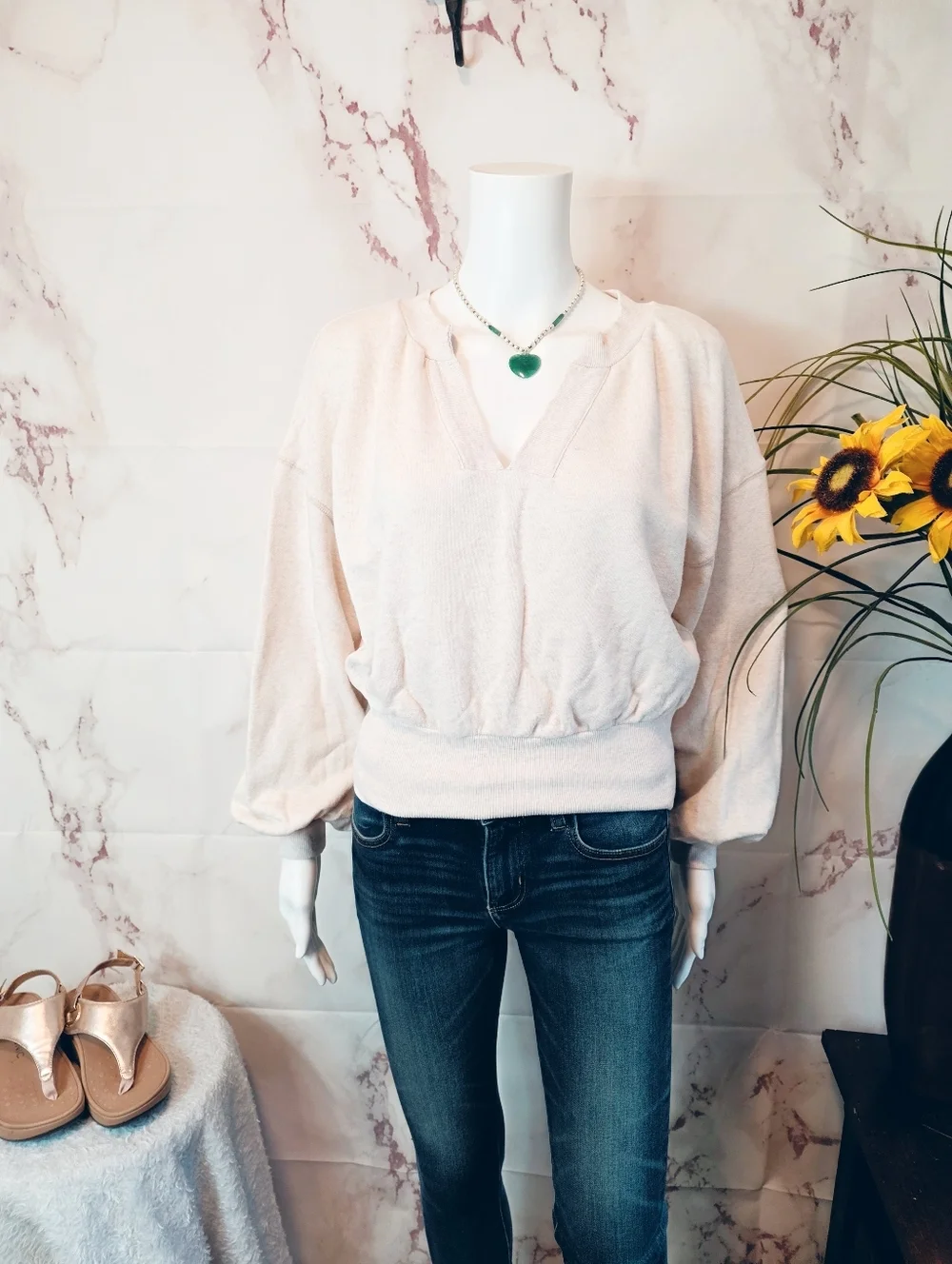FP Beach Free People Pullover Crop Sweatshirt Cream Boho Beachy Top Small